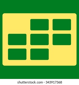 Syllabus Grid vector icon. Style is flat symbol, yellow color, rounded angles, green background.