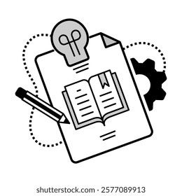 Syllabus Icon – Open Book with Document, Gear, and Pencil Representing Academic Planning