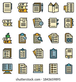 Syllabus icons set. Outline set of syllabus vector icons thin line color flat on white