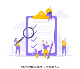 Syllabus task done concept tiny people with megaphone, magnifying glass and pencil nearby giant clipboard checklist and check mark ticks flat style design vector illustration isolated white background