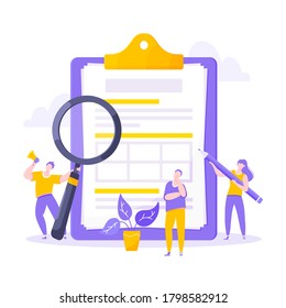 Syllabus task done concept tiny people with megaphone, magnifying glass and pencil nearby giant clipboard checklist and check mark ticks flat style design vector illustration isolated white background