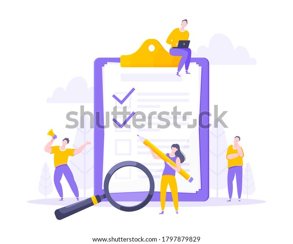 Syllabus task done concept tiny people with\
megaphone, magnifying glass and pencil nearby giant clipboard\
checklist and check mark ticks flat style design vector\
illustration isolated white\
background