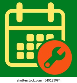Syllabus Tuning vector icon. Style is bicolor flat symbol, orange and yellow colors, rounded angles, green background.