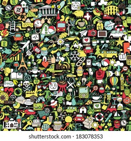 Symbels seamless pattern (repeated) with mini doodle drawings (icons). Illustration is in eps8 vector mode.