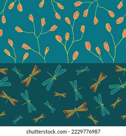 Symbiosis Dark. Vector turquoise seamless pattern. Block stripes in dark teal tones with dragonflies and budding twigs. Part of Labellula collection.