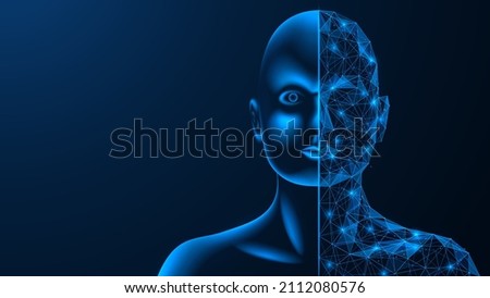 The symbiosis of man and artificial intelligence. Combining the human brain and AI. Polygonal design of interconnected elements. Blue background.