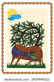 Symbiotic Harmony: A Vibrant Gond Depiction of Cow, Tree. Whispers in the Leaves: A Serene Gond Journey - Cow, Sheltering Tree. Indian folk art. Gond art. Tribal art India