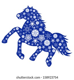 Symbol 2014 Blue Horse silhouette is filled with many different snowflakes, hand drawing vector illustration isolated on white background