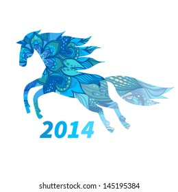 Symbol of 2014. Horse, decorated with blue flower patterns. Vector element for design. It can be used for decorating of invitations, greeting cards, web page, decoration for bags and clothes.