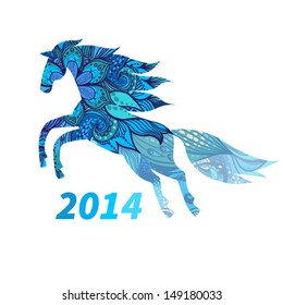 Symbol of 2014. Horse, decorated with blue flower patterns. Vector element for design. It can be used for decorating of invitations, greeting cards, web page, decoration for bags and clothes.