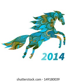 Symbol of 2014. Horse, decorated with blue flower patterns. Vector element for design. It can be used for decorating of invitations, greeting cards, web page, decoration for bags and clothes.