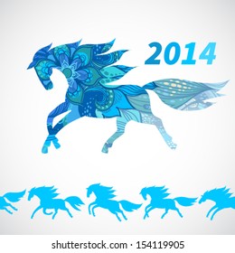 Symbol of 2014. Horse, decorated with blue flower patterns.Vector element for design. Seamless border of running horses.It can be used for decoration of web page, invitations, cards, bags and clothes.