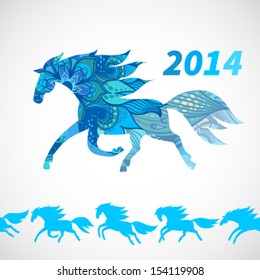Symbol of 2014. Horse, decorated with blue flower patterns.Vector element for design. Seamless border of running horses.It can be used for decoration of web page, invitations, cards, bags and clothes.