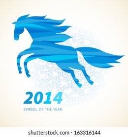 Symbol of 2014. Horse, decorated with blue abstract wave patterns. Vector element for design. It can be used for decorating of invitations, greeting cards, web page, decoration for bags and clothes.