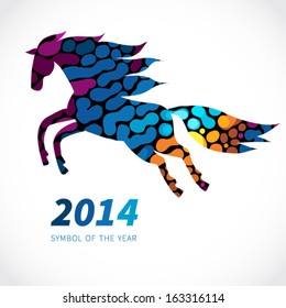 Symbol of 2014. Horse, decorated with bright abstract dots patterns. Vector element for design. It can be used for decorating of invitations, greeting cards, web page, decoration for bags and clothes.