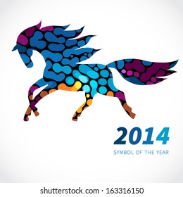 Symbol of 2014. Horse, decorated with bright abstract dots patterns. Vector element for design. It can be used for decorating of invitations, greeting cards, web page, decoration for bags and clothes.