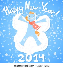 Symbol of 2014, lying in the snow making a snow angel