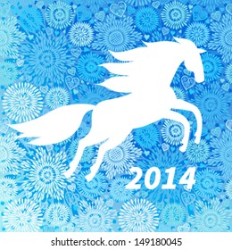 Symbol of 2014. White horse on blue snowflakes background. Vector element for design. It can be used for decorating of invitations, greeting cards, web page, decoration for bags and clothes.