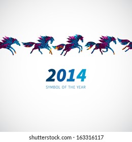 Symbol of 2014.Horses, decorated with abstract patterns. Vector element for design. Seamless border of running horses. It can be used for decoration of web page, invitations, cards, bags and clothes.