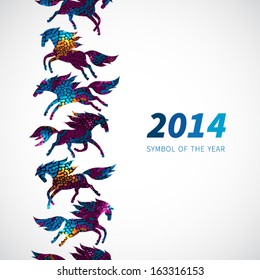 Symbol of 2014.Horses, decorated with abstract patterns. Vector element for design. Seamless border of running horses. It can be used for decoration of web page, invitations, cards, bags and clothes.