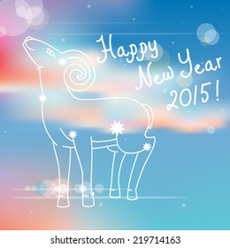 Symbol of the 2015 Chinese year, greeting card with mountain sheep. Vector blurred sky. Happy New Year 2015