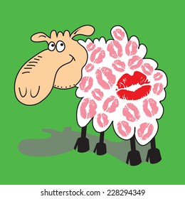 Symbol of 2015. Happy new 2015 year postcard with funny sheep. Vector element for New Year's design. Illustration new year of the sheep.