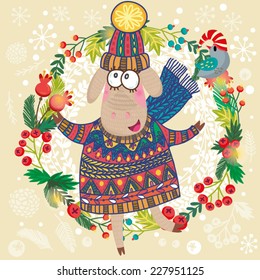 Symbol of 2015. Vector Cute Illustration of Sheep with gifts. Vector element for New Year's design. Illustration of 2015 year of the sheep.