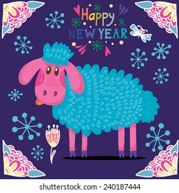 Symbol of 2015. Vector Cute Illustration of Sheep with gifts. Vector element for New Year's design. Illustration of 2015 year of the sheep.