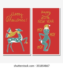 Symbol in 2016.Set of Christmas cards with a funny cartoon monkey and deer