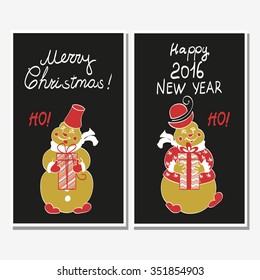 Symbol in 2016.Set of Christmas cards with a funny cartoon monkey and deer