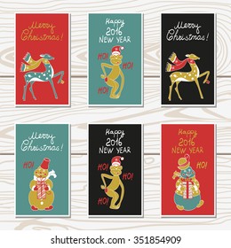 Symbol in 2016.Set of Christmas cards with a funny cartoon monkey and deer