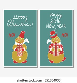 Symbol in 2016.Set of Christmas cards with a funny cartoon monkey and deer