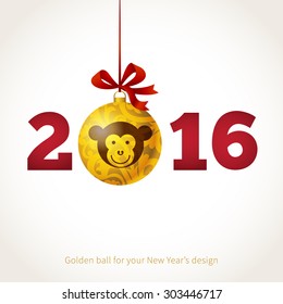 Symbol of 2016. Golden ball decorated Monkey head. Christmas-tree decoration  with floral patterns. Vector element for New Year's design. Illustration of 2016 year of the monkey in Chinese calendar.