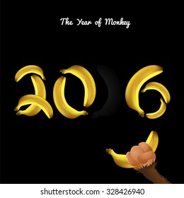 Symbol of 2016 made made from bananas. Monkey steals banana. Vector element for New Year's design. Illustration of 2016 year of the monkey.