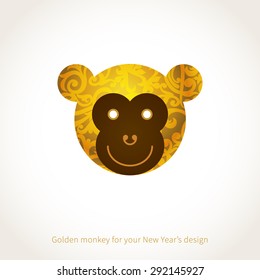 Symbol of 2016. Monkey head, decorated gold floral patterns. Vector element for New Year's design. Illustration of 2016 year of the monkey.