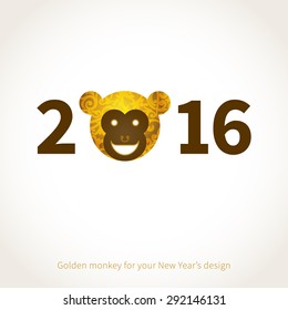 Symbol of 2016. Monkey head, decorated gold floral patterns. Vector element for New Year's design. Illustration of 2016 year of the monkey.