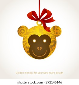 Symbol of 2016. Monkey head, decorated gold floral patterns. Vector element for New Year's design. Illustration of 2016 year of the monkey.