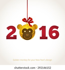 Symbol of 2016. Monkey head, decorated gold floral patterns. Vector element for New Year's design. Illustration of 2016 year of the monkey.