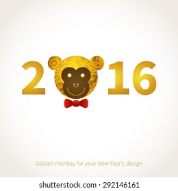 Symbol of 2016. Monkey head, decorated gold floral patterns. Vector element for New Year's design. Illustration of 2016 year of the monkey.