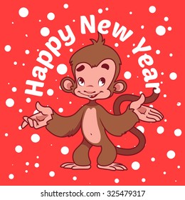 Symbol of 2016 - a monkey. New Year  card. Vector Cartoon character on red background.