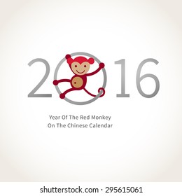 Symbol of 2016. Red smiling Monkey clinging to a circle. Vector element for New Year's design in flat style. Illustration of 2016 year of the monkey.