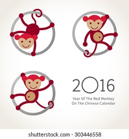 Symbol of 2016. Red smiling Monkey clinging to a circle. Vector decor for New Year's design in flat style. Illustration of 2016 year of the monkey in Chinese calendar.