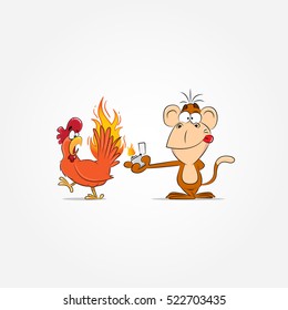 The symbol of the 2016 year - crazy monkey sets fire to a roosters tail - the symbol of 2017 year
