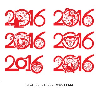 Symbol of 2016. Year of the red monkey. Six vector silhouettes for design.