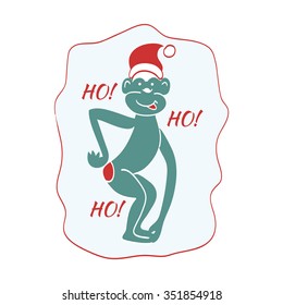 Symbol in 2016.Cartoon funny monkey card in Christmas hat.