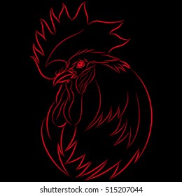 symbol of 2017, bird rooster red sketch on a black background, vector illustration