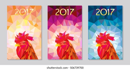 symbol 2017 fire cock poligonal background three different color