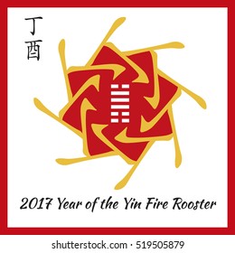 Symbol of 2017 New Year from chinese hieroglyphs. Translation of zodiac feng shui signs hieroglyphs: 'Fire' and "Rooster". Yin Fire Rooster Year. Hexagram of chinese year.