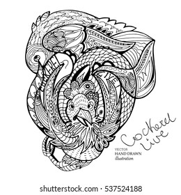 Symbol 2017 rooster, surrounded by a dragon, snake, text. Doodle. Vector illustration.