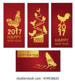 Symbol of the 2017 year, set of greeting cards with roosters silhouettes. Vector EPS10. Greeting cards design. Happy New Year 2017. 